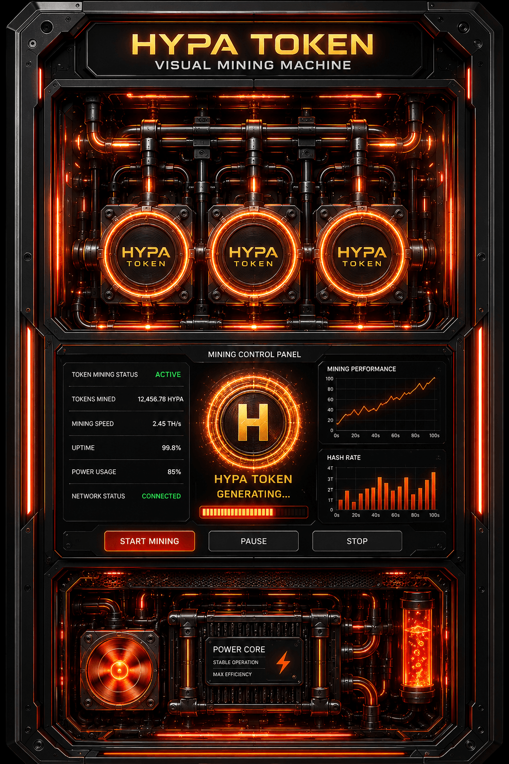 HYPA Token visual Mutual Mining Machine with mining controls, performance panels and power core